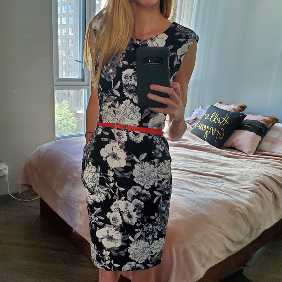 Mystique black & white floral dress w belt - Picture 1 of 3
